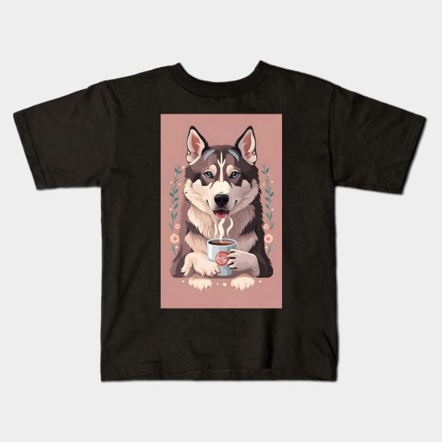 Siberian husky with hot coffee Kids T-Shirt by Spaceboyishere